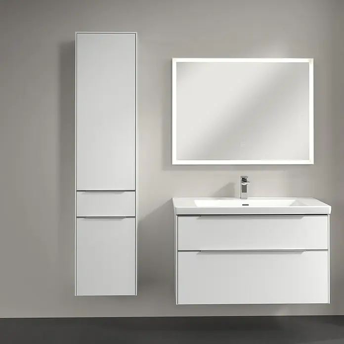 Villeroy & Boch Subway 3.0 Hochschrank - B x T x H: 40 x 36,2 x 171 cm, 1x Schublade, 2x Tür, Pure White, Farbe Griff: Aluminium glänzend, DIN Anschlag: Links - Modernes Badezimmer-Set in Weiß mit Waschtischunterschrank, Spiegelschrank und Hochschrank für ein stilvolles Ambiente.