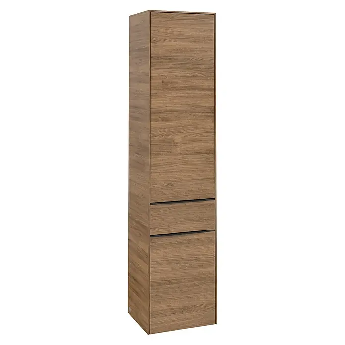 Villeroy & Boch Subway 3.0 Hochschrank - B x T x H: 40 x 36,2 x 171 cm, 1x Schublade, 2x Tür, Kansas Oak, Farbe Griff: Volcano black, DIN Anschlag: Rechts - Ein eleganter, hochformatiger Holzschrank mit zwei Schubladen, perfekt für moderne Wohnräume. Schlichtes Design und natürliche Holzoptik.