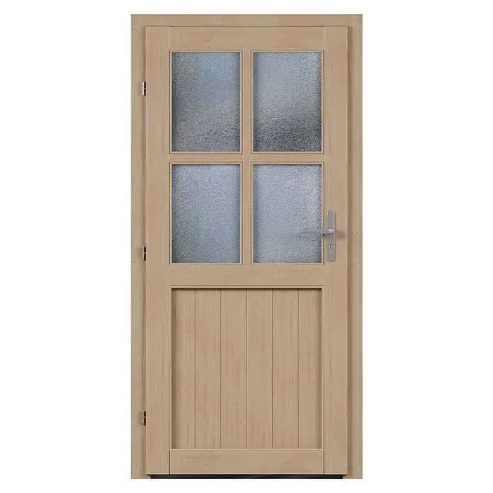 Solid Elements Nebeneingangstür 8703 - 98 x 198 cm, DIN Anschlag: Links, Natur - Holztür mit vier Glasscheiben und einem senkrechten Paneel unten. Das Türblatt ist hellbeige und hat einen modernen Griff.