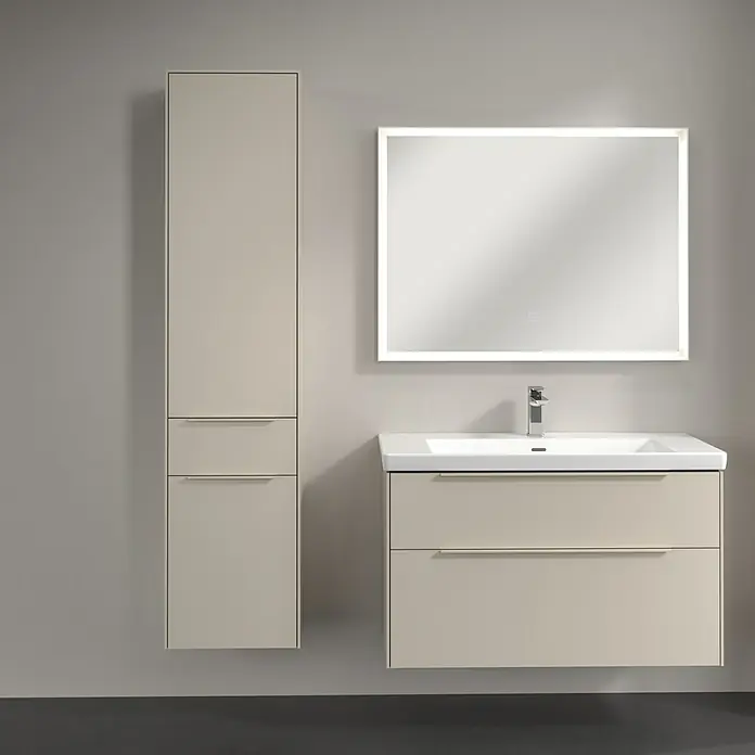 Villeroy & Boch Subway 3.0 Hochschrank - B x T x H: 40 x 36,2 x 171 cm, 1x Schublade, 2x Tür, Cashmere Grey, Farbe Griff: Cashmere Grey, DIN Anschlag: Links - Badmöbelset mit Waschtischunterschrank, Waschtisch und Spiegelschrank mit Beleuchtung in schlichtem Design.