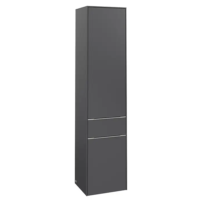 Villeroy & Boch Subway 3.0 Hochschrank - B x T x H: 40 x 36,2 x 171 cm, 1x Schublade, 2x Tür, Graphite, Farbe Griff: Aluminium glänzend, DIN Anschlag: Links - Grauer Badezimmerschrank mit zwei Schubladen und horizontalen Griffen. Ideal für jedes moderne Badezimmer.