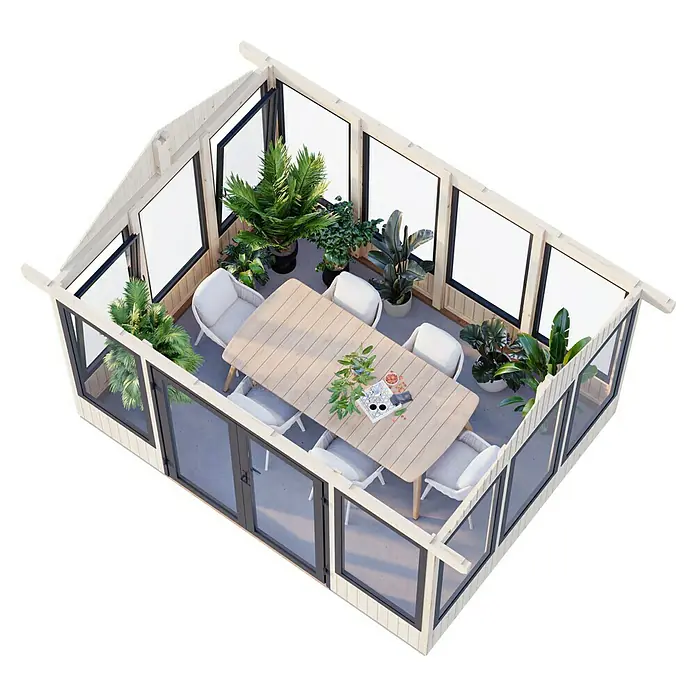 Palmako Gartenhaus Isabella - Außenmaß inkl. Dachüberstand (B x T): 465 x 367 cm, Unbehandeltes Holz, Natur - Ansicht eines Wintergartens mit Esstisch, Stühlen und Pflanzen, die eine gemütliche Atmosphäre schaffen.