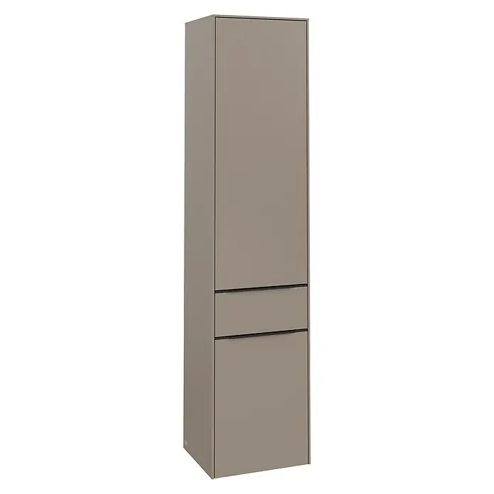 Villeroy & Boch Subway 3.0 Hochschrank - B x T x H: 40 x 36,2 x 171 cm, 1x Schublade, 2x Tür, Taupe, Farbe Griff: Volcano black, DIN Anschlag: Links - Ein schmaler, grauer Küchenschrank mit zwei Schubladen im unteren Bereich, ideal für die moderne Kücheneinrichtung.
