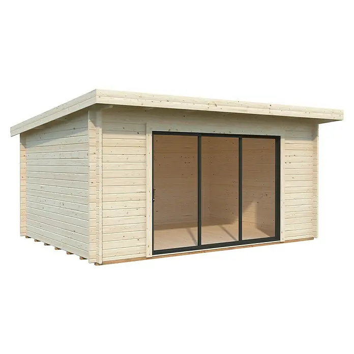 Palmako Gartenhaus Lea Slide - Außenmaß inkl. Dachüberstand (B x T): 494 x 402 cm, Tauchgrundiertes Holz, Natur - Ein helles Holzgartenhaus mit einer großen Glasfront mit Schiebetüren und Flachdach, ideal für Garten oder als Gästezimmer.