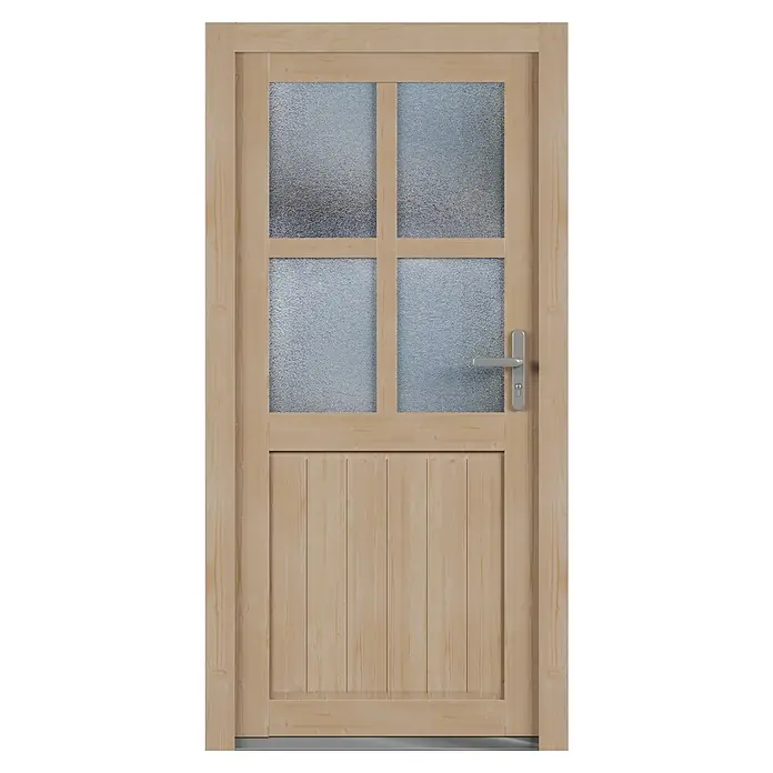 Solid Elements Nebeneingangstür 8703 - 98 x 198 cm, DIN Anschlag: Rechts, Natur - Holztür mit vier Milchglasfenstern und senkrechter Holzpaneele unten, ein stilvolles und funktionales Designelement für Ihr Zuhause.