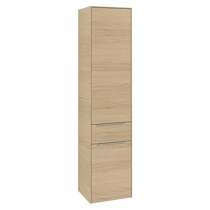 Villeroy & Boch Subway 3.0 Hochschrank - B x T x H: 40 x 36,2 x 171 cm, 1x Schublade, 2x Tür, Nordik oak, Farbe Griff: Aluminium glänzend, DIN Anschlag: Links - Ein schlanker, hellbrauner Holzschrank mit zwei Schubladen und einer Tür bietet stilvollen Stauraum für Ihr Zuhause.
