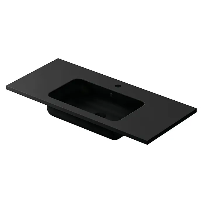 Lavabo Zeppelin mate - 100,5 x 45,5 cm, Orificios para grifo: Medio, Con desbordamiento, Negro - Encimera de lavabo negra con lavabo rectangular y orificio para grifo para un diseño de baño moderno. La superficie lisa es fácil de limpiar.