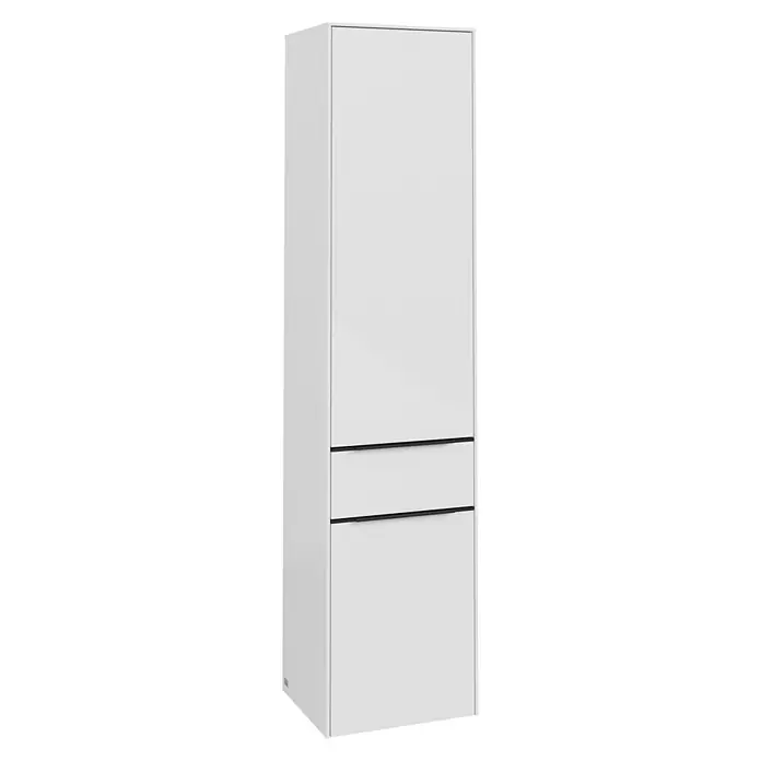 Villeroy & Boch Subway 3.0 Hochschrank - B x T x H: 40 x 36,2 x 171 cm, 1x Schublade, 2x Tür, Brilliant White, Farbe Griff: Volcano black, DIN Anschlag: Rechts - Aufnahme eines weißen Hochschranks mit zwei Schubladen. Der Schrank bietet stilvollen Stauraum für verschiedene Wohnbereiche.