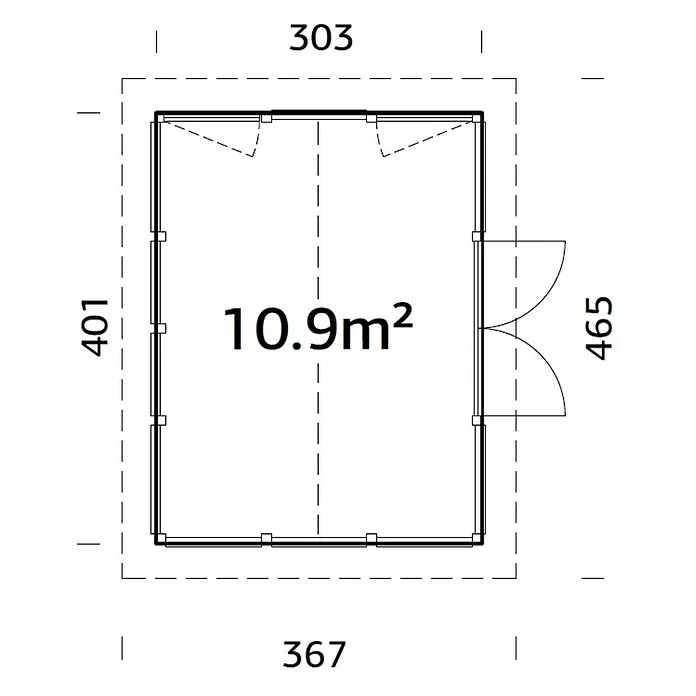 Palmako Gartenhaus Isabella - Außenmaß inkl. Dachüberstand (B x T): 465 x 367 cm, Unbehandeltes Holz, Natur - Grundriss eines Gartenhauses mit den Maßen 303 x 401 cm und einer Fläche von 10,9 m², inklusive Türöffnung und Wandstärke.