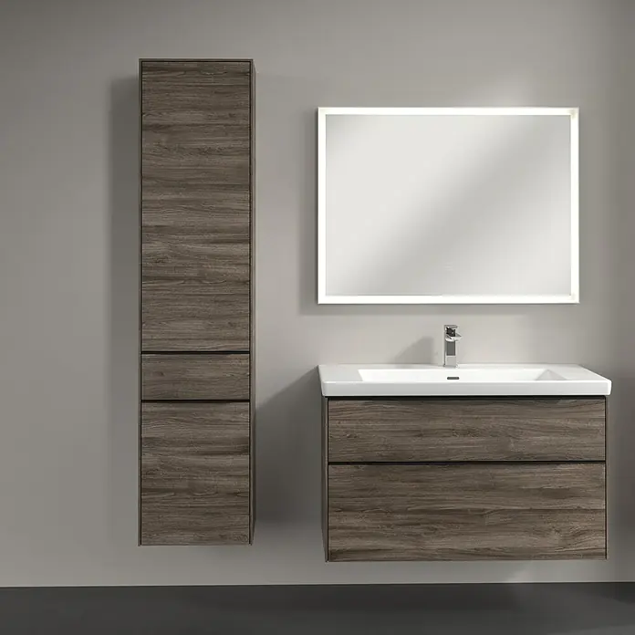 Villeroy & Boch Subway 3.0 Hochschrank - B x T x H: 40 x 36,2 x 171 cm, 1x Schublade, 2x Tür, Stone Oak, Farbe Griff: Volcano black, DIN Anschlag: Links - Badezimmer-Set mit Waschbeckenunterschrank, Hochschrank und beleuchtetem Spiegel in Holzoptik für ein modernes Ambiente.