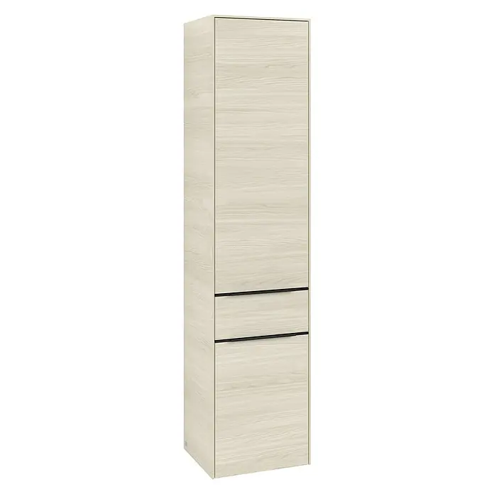 Villeroy & Boch Subway 3.0 Hochschrank - B x T x H: 40 x 36,2 x 171 cm, 1x Schublade, 2x Tür, White Oak, Farbe Griff: Volcano black, DIN Anschlag: Links - Schlanker Schrank in heller Holzoptik mit schlichten schwarzen Griffen, ideal für moderne Einrichtungen und platzsparende Lösungen.