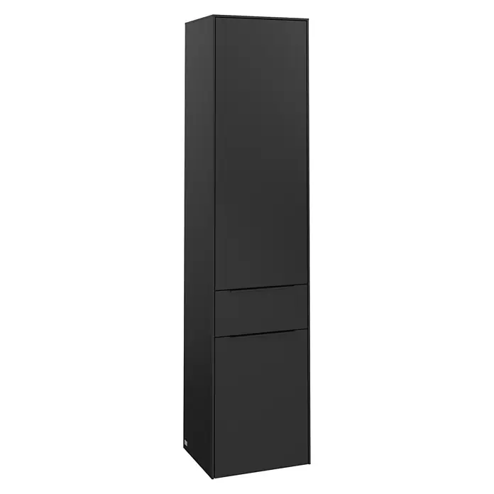 Villeroy & Boch Subway 3.0 Hochschrank - B x T x H: 40 x 36,2 x 171 cm, 1x Schublade, 2x Tür, Volcano Black, Farbe Griff: Volcano black, DIN Anschlag: Links - Ein moderner, hoher schwarzer Badezimmerschrank mit Schubladen für stilvolle Aufbewahrung im Bad.