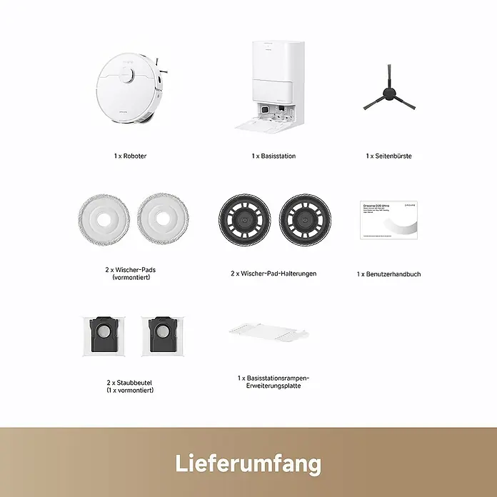 Dreame Saugwischroboter D20 Ultra - Saugkraft: 13.000 Pa, Akkulaufzeit: 260 min, Fassungsvermögen Roboter: 320 ml - Das Bild zeigt den Lieferumfang eines Saugroboters, inklusive Basisstation, Wischer-Pads, Staubbeutel und Benutzerhandbuch.