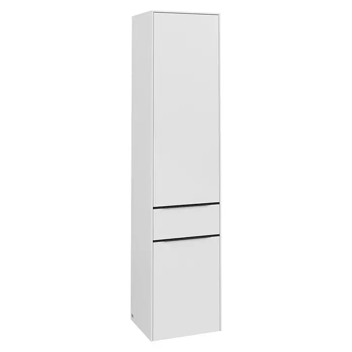 Villeroy & Boch Subway 3.0 Hochschrank - B x T x H: 40 x 36,2 x 171 cm, 1x Schublade, 2x Tür, Pure White, Farbe Griff: Volcano black, DIN Anschlag: Links - Dieser Aufnahme zeigt einen weißen Hochschrank mit zwei Schubladen, dessen schlichtes Design die klaren Linien des Möbels betont.