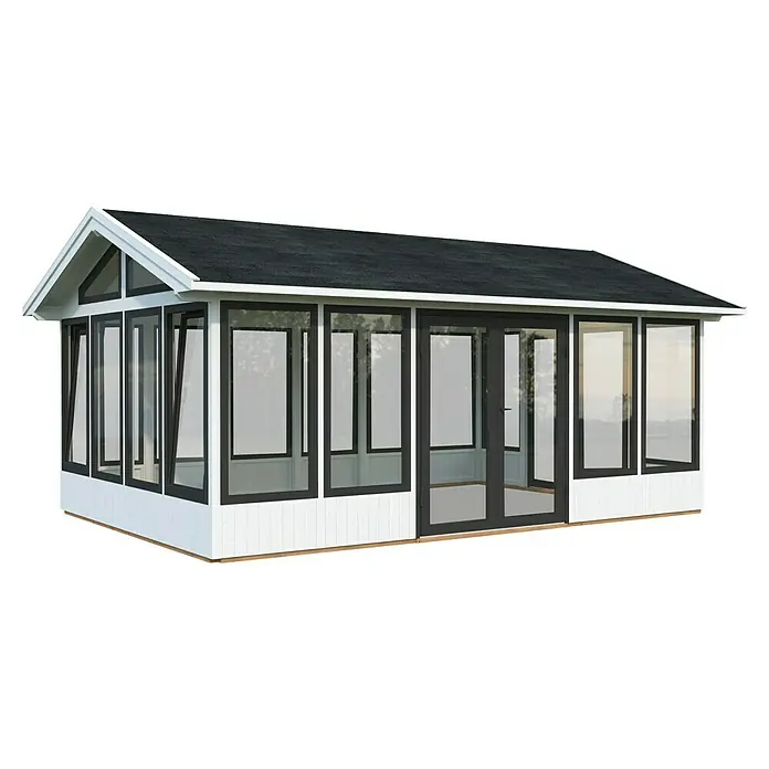 Palmako Gartenhaus Isabella - Außenmaß inkl. Dachüberstand (B x T): 661 x 465 cm, Lackiertes Holz, Weiß - Ein elegantes Gartenhaus mit schwarzen Rahmen und großzügigen Glasflächen. Ideal für Entspannung und stilvolle Gartengestaltung.