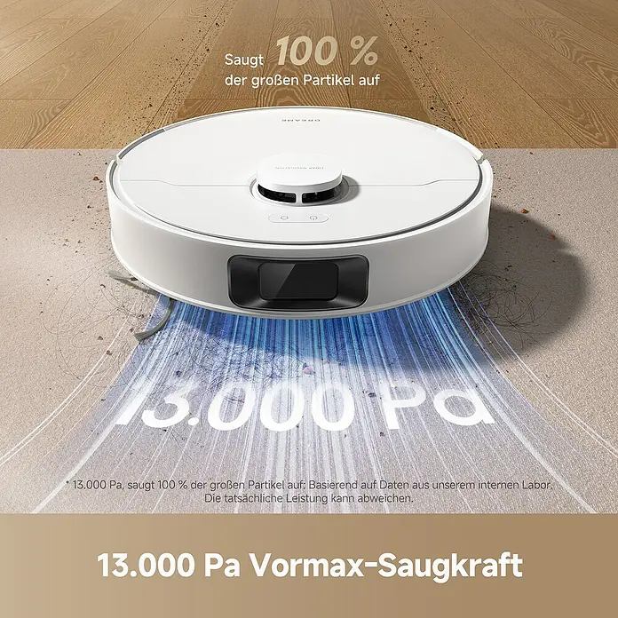 Dreame Saugwischroboter D20 Plus - Saugkraft: 13.000 Pa, Akkulaufzeit: 285 min, Fassungsvermögen Roboter: 500 ml - Der Dreame-Saugroboter saugt mit 13.000 Pa Vormax-Saugkraft zuverlässig Staub und Schmutz von verschiedenen Oberflächen.