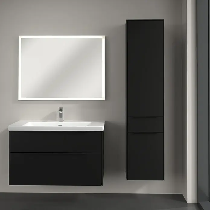 Villeroy & Boch Subway 3.0 Hochschrank - B x T x H: 40 x 36,2 x 171 cm, 1x Schublade, 2x Tür, Volcano Black, Farbe Griff: Volcano black, DIN Anschlag: Rechts - Badezimmer-Set mit modernem Waschbeckenunterschrank in Schwarz, beleuchtetem Spiegel und hohem Schrank für ein stilvolles Ambiente.