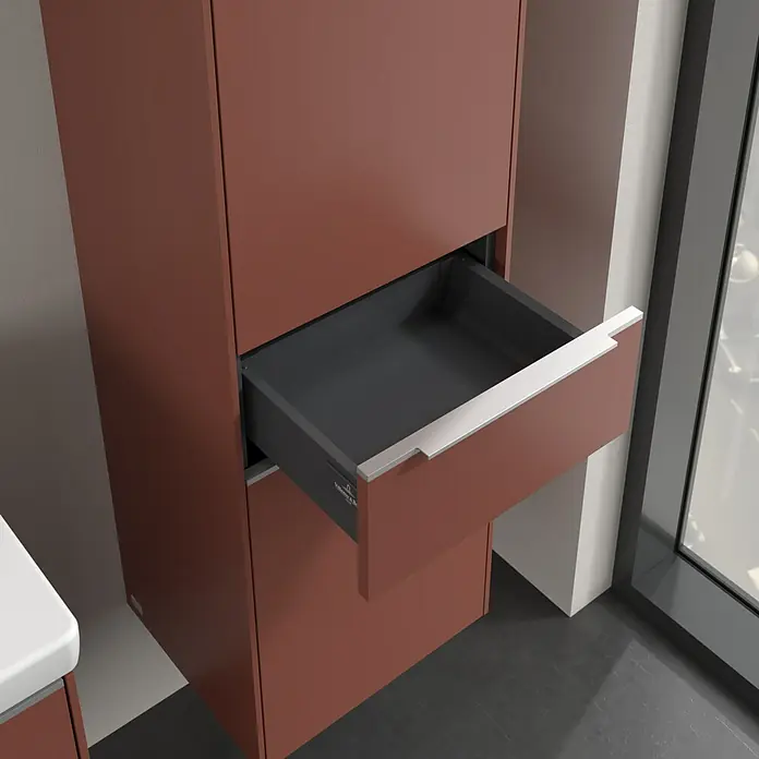 Villeroy & Boch Subway 3.0 Hochschrank - B x T x H: 40 x 36,2 x 171 cm, 1x Schublade, 2x Tür, Wine Red, Farbe Griff: Aluminium glänzend, DIN Anschlag: Rechts - Offener Schrank mit Auszug in Terrakottafarbe, elegantes und modernes Design für Badezimmer oder andere Räume. Praktische Aufbewahrung.