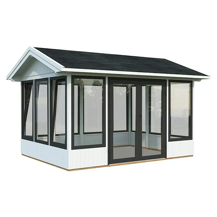 Palmako Gartenhaus Isabella - Außenmaß inkl. Dachüberstand (B x T): 465 x 367 cm, Lackiertes Holz, Weiß - Ein elegantes Gartenhaus mit weißen Wänden, schwarzen Fensterrahmen und einem dunklen Dach für entspannte Stunden im Freien.