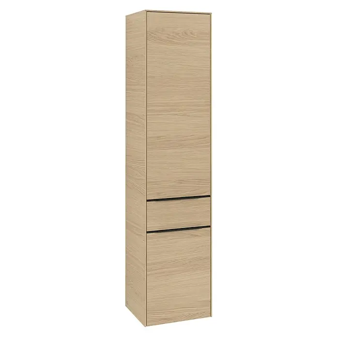 Villeroy & Boch Subway 3.0 Hochschrank - B x T x H: 40 x 36,2 x 171 cm, 1x Schublade, 2x Tür, Nordik oak, Farbe Griff: Volcano black, DIN Anschlag: Rechts - Ein hoher, schmaler Holzschrank mit zwei Schubladen und einer Tür oben. Das Holz hat eine helle, natürliche Maserung.