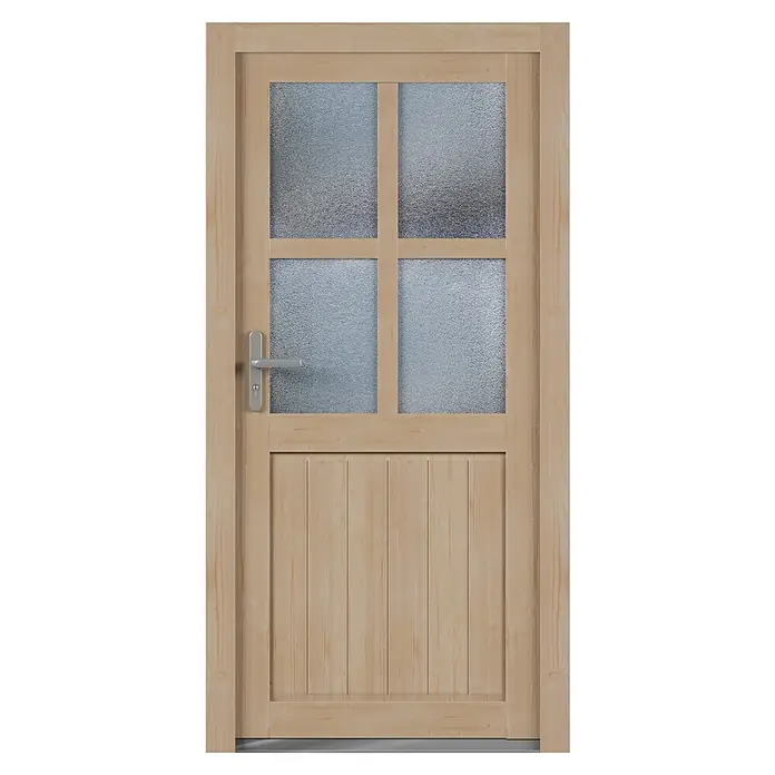 Solid Elements Nebeneingangstür 8703 - 98 x 198 cm, DIN Anschlag: Links, Natur - Nahaufnahme einer hellen Holztür mit vier Milchglasfenstern im oberen Bereich und einem modernen Türgriff.