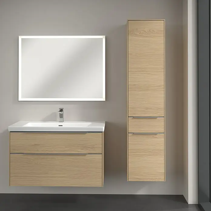 Villeroy & Boch Subway 3.0 Hochschrank - B x T x H: 40 x 36,2 x 171 cm, 1x Schublade, 2x Tür, Nordik oak, Farbe Griff: Aluminium glänzend, DIN Anschlag: Rechts - Badezimmer-Set mit Unterschrank, Waschbecken, beleuchtetem Spiegel und Hochschrank in Holzoptik für ein modernes Ambiente.