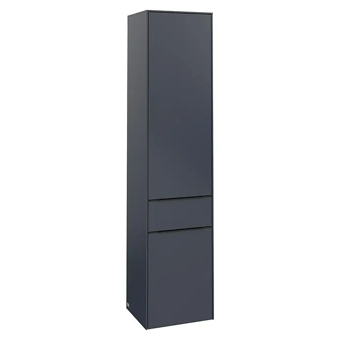 Villeroy & Boch Subway 3.0 Hochschrank - B x T x H: 40 x 36,2 x 171 cm, 1x Schublade, 2x Tür, Marine Blue, Farbe Griff: Volcano black, DIN Anschlag: Rechts - Grauer Hochschrank mit zwei Schubladen und einer Tür. Elegantes Möbelstück für moderne Badezimmer oder andere Wohnbereiche.
