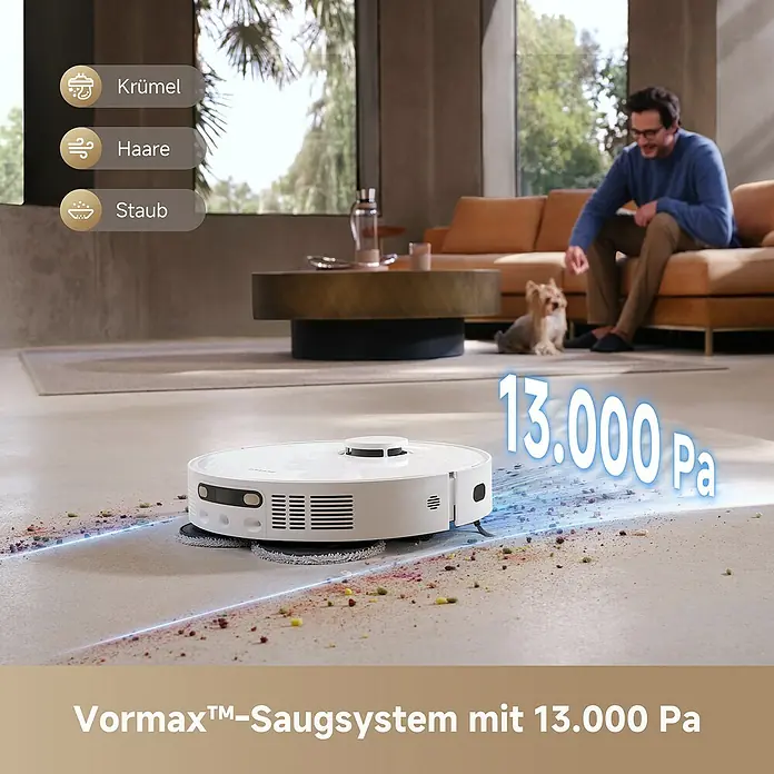 Dreame Saugwischroboter D20 Ultra - Saugkraft: 13.000 Pa, Akkulaufzeit: 260 min, Fassungsvermögen Roboter: 320 ml - Der Vormax Saugroboter mit 13.000 Pa Saugleistung entfernt Krümel, Haare und Staub mühelos. Das Ergebnis ist ein sauberer und hygienischer Boden.