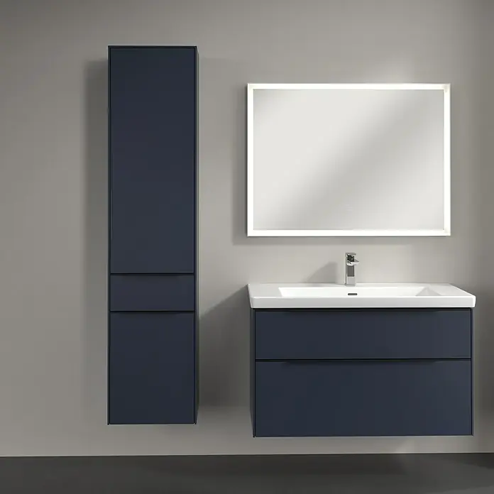 Villeroy & Boch Subway 3.0 Hochschrank - B x T x H: 40 x 36,2 x 171 cm, 1x Schublade, 2x Tür, Marine Blue, Farbe Griff: Volcano black, DIN Anschlag: Links - Elegantes Badezimmer-Set in Dunkelblau mit Waschtischunterschrank, Spiegelschrank und Hochschrank. Stilvolles Design für moderne Bäder.