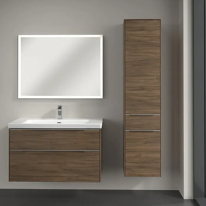 Villeroy & Boch Subway 3.0 Hochschrank - B x T x H: 40 x 36,2 x 171 cm, 1x Schublade, 2x Tür, Arizona Oak, Farbe Griff: Aluminium glänzend, DIN Anschlag: Rechts - Modernes Badezimmerensemble mit Waschtischunterschrank und Spiegelschrank in Holzoptik für ein stilvolles Ambiente.
