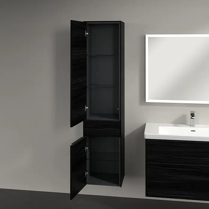 Villeroy & Boch Subway 3.0 Hochschrank - B x T x H: 40 x 36,2 x 171 cm, 1x Schublade, 2x Tür, Black Oak, Farbe Griff: Volcano black, DIN Anschlag: Links - Offener Badezimmerschrank in dunkler Holzoptik mit Glasregalen, der praktischen Stauraum und modernes Design vereint.