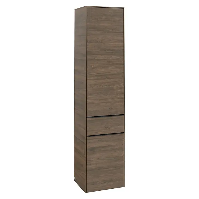 Villeroy & Boch Subway 3.0 Hochschrank - B x T x H: 40 x 36,2 x 171 cm, 1x Schublade, 2x Tür, Arizona Oak, Farbe Griff: Volcano black, DIN Anschlag: Rechts - Das Bild zeigt einen hohen, schlanken Badezimmerschrank in Holzoptik mit zwei Schubladen im unteren Bereich für zusätzlichen Stauraum.