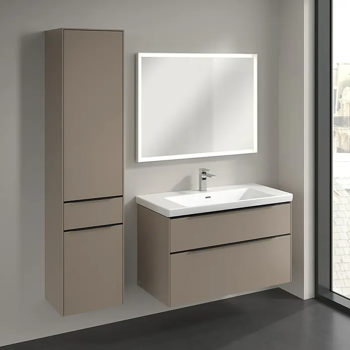 Villeroy & Boch Subway 3.0 Hochschrank - B x T x H: 40 x 36,2 x 171 cm, 1x Schublade, 2x Tür, Taupe, Farbe Griff: Volcano black, DIN Anschlag: Links - Badezimmer-Set mit Waschtischunterschrank, Waschbecken, Spiegelschrank und Hochschrank in edlem Braunton für ein stilvolles Ambiente.
