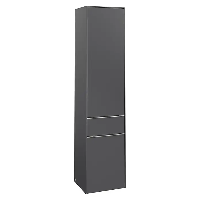 Villeroy & Boch Subway 3.0 Hochschrank - B x T x H: 40 x 36,2 x 171 cm, 1x Schublade, 2x Tür, Graphite, Farbe Griff: Aluminium glänzend, DIN Anschlag: Rechts - Ein grauer, hochformatiger Badezimmerschrank mit zwei Schubladen und minimalistischen silbernen Griffen. Er bietet stilvollen Stauraum im Badezimmer.