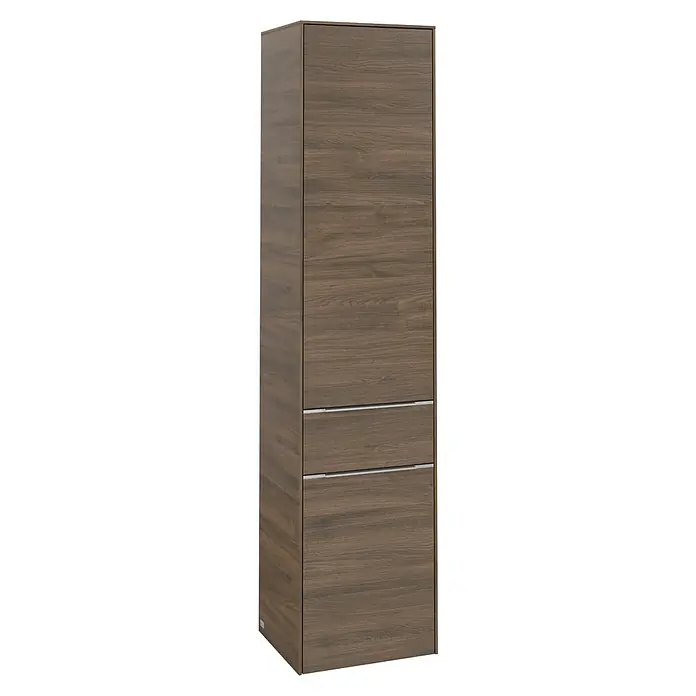 Villeroy & Boch Subway 3.0 Hochschrank - B x T x H: 40 x 36,2 x 171 cm, 1x Schublade, 2x Tür, Arizona Oak, Farbe Griff: Aluminium glänzend, DIN Anschlag: Rechts - Elegantes, braunes Holzfurnier-Schrankmöbel mit zwei Schubladen und einer großen Tür, das eine moderne und stilvolle Aufbewahrungslösung bietet.