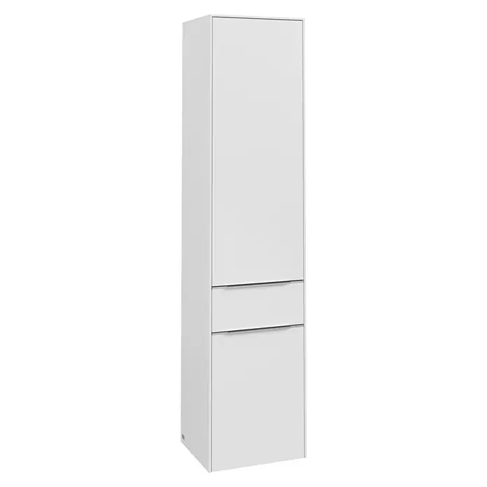 Villeroy & Boch Subway 3.0 Hochschrank - B x T x H: 40 x 36,2 x 171 cm, 1x Schublade, 2x Tür, Pure White, Farbe Griff: Aluminium glänzend, DIN Anschlag: Rechts - Aufnahme eines weißen Badezimmerschranks mit geradlinigem Design und zwei Schubladen, ideal für die stilvolle Badaufbewahrung.