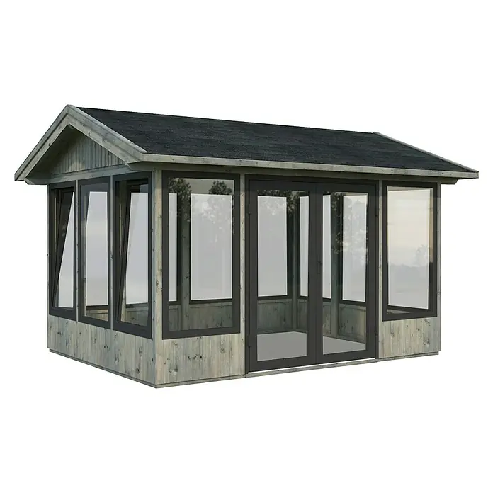 Palmako Gartenhaus Isabella - Außenmaß inkl. Dachüberstand (B x T): 465 x 367 cm, Tauchgrundiertes Holz, Grau - Bild eines stilvollen Gartenhauses mit großen Fenstern und einer soliden Dachkonstruktion. Ideal für entspannte Stunden im Freien.