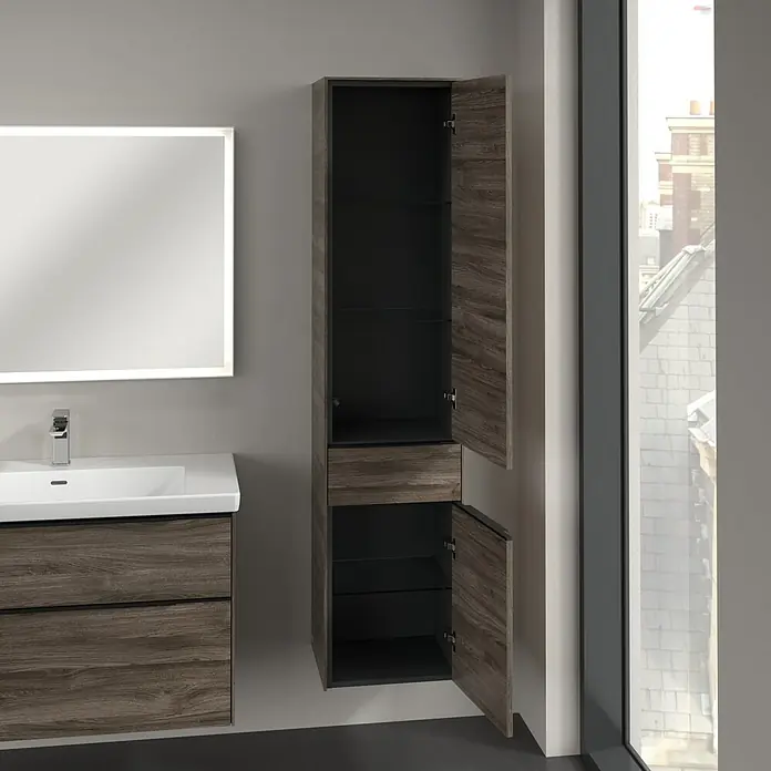 Villeroy & Boch Subway 3.0 Hochschrank - B x T x H: 40 x 36,2 x 171 cm, 1x Schublade, 2x Tür, Stone Oak, Farbe Griff: Volcano black, DIN Anschlag: Rechts - Ein moderner Badezimmerschrank in Holzoptik mit offenstehenden Türen, der Stauraum und Stil in jedes Badezimmer bringt.