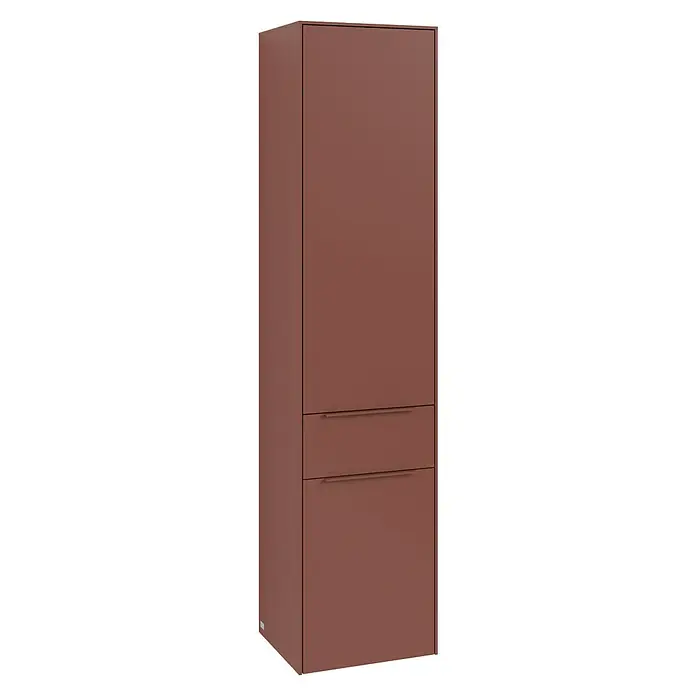 Villeroy & Boch Subway 3.0 Hochschrank - B x T x H: 40 x 36,2 x 171 cm, 1x Schublade, 2x Tür, Wine Red, Farbe Griff: Wine Red, DIN Anschlag: Links - Der moderne Hochschrank in schimmerndem Kupferbraun bietet mit seinen zwei Schubladen viel Stauraum im Badezimmer.