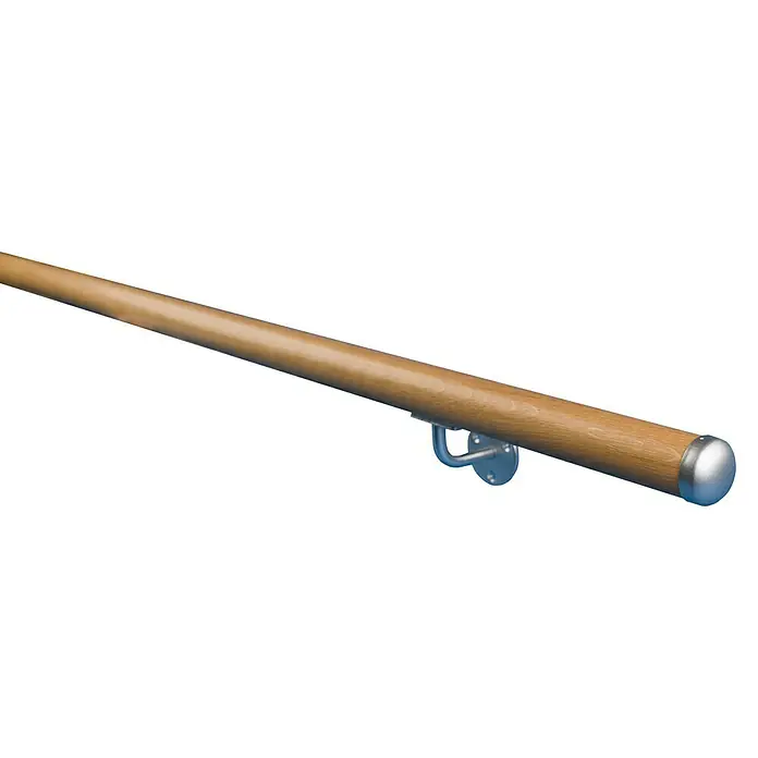 Dolle Handlauf-Set PS 052 - Eiche, Lackiert, Länge: 150 cm - Ein hölzerner Handlauf mit einer silbernen Halterung und einer Endkappe für Treppenhäuser und andere Bereiche, die Unterstützung benötigen.