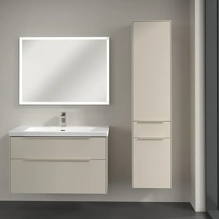 Villeroy & Boch Subway 3.0 Hochschrank - B x T x H: 40 x 36,2 x 171 cm, 1x Schublade, 2x Tür, Cashmere Grey, Farbe Griff: Cashmere Grey, DIN Anschlag: Rechts - Modernes Badezimmer-Set mit Waschbeckenunterschrank, LED-Spiegel und Hochschrank in Beige. Elegantes Design für stilvolle Badezimmer.