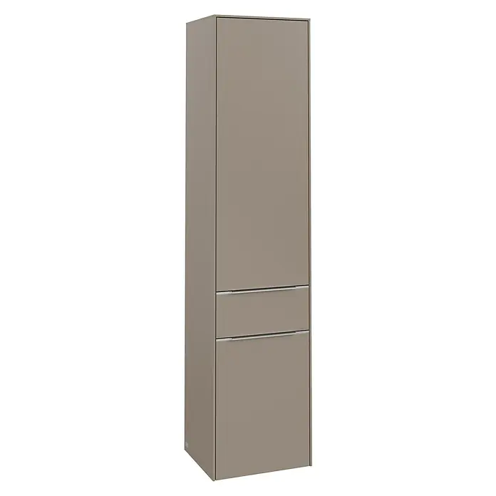 Villeroy & Boch Subway 3.0 Hochschrank - B x T x H: 40 x 36,2 x 171 cm, 1x Schublade, 2x Tür, Taupe, Farbe Griff: Aluminium glänzend, DIN Anschlag: Rechts - Modernes, stehendes Badezimmermöbel in Taupe mit zwei Schubladen und eleganten Griffen, ideal für stilvolle Badezimmer.