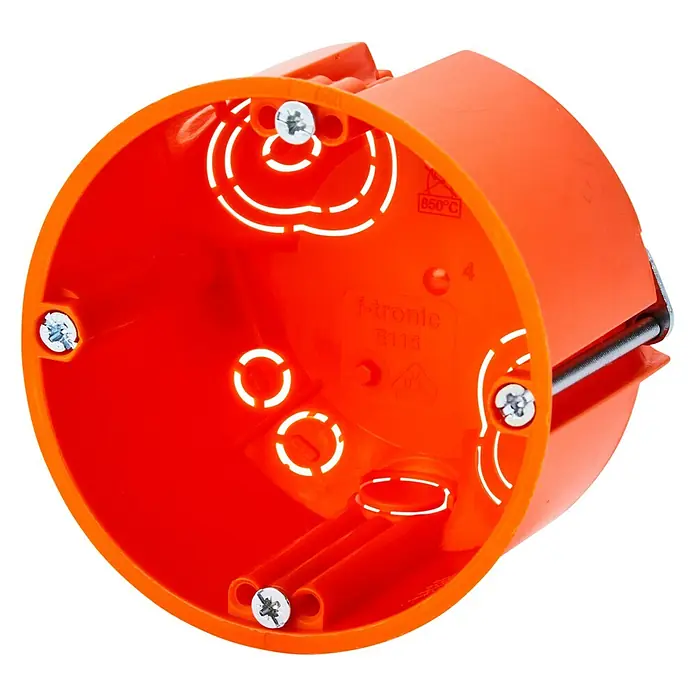 Hohlwanddose Tief - 68 x 61 mm, 1-fach, Orange, 10 Stk. - Nahaufnahme einer orangefarbenen I-tronic 3113 Elektronikdose. Die Dose ist leer und zeigt Schrauben sowie runde Aussparungen.