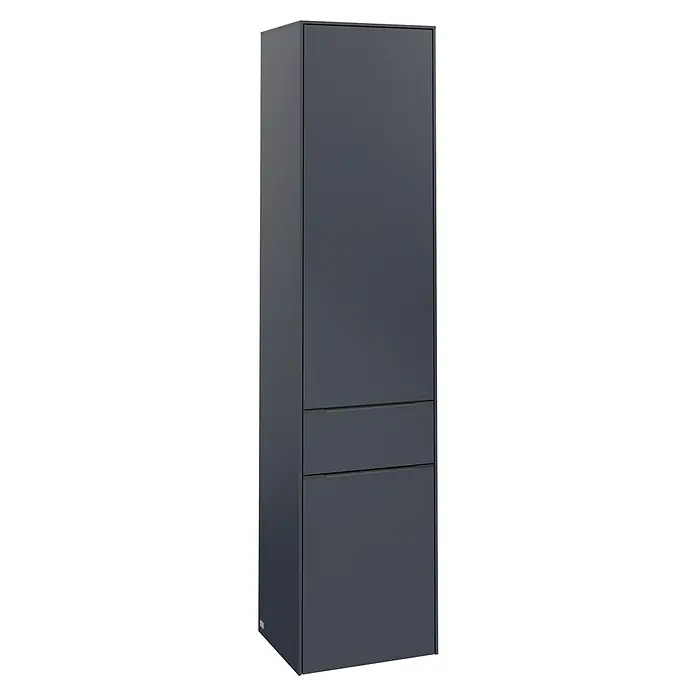 Villeroy & Boch Subway 3.0 Hochschrank - B x T x H: 40 x 36,2 x 171 cm, 1x Schublade, 2x Tür, Marine Blue, Farbe Griff: Marine Blue, DIN Anschlag: Links - Dunkelgrauer Hochschrank mit minimalistischem Design und zwei Schubladen für ein modernes Badezimmer. Praktische Stauraumlösung.
