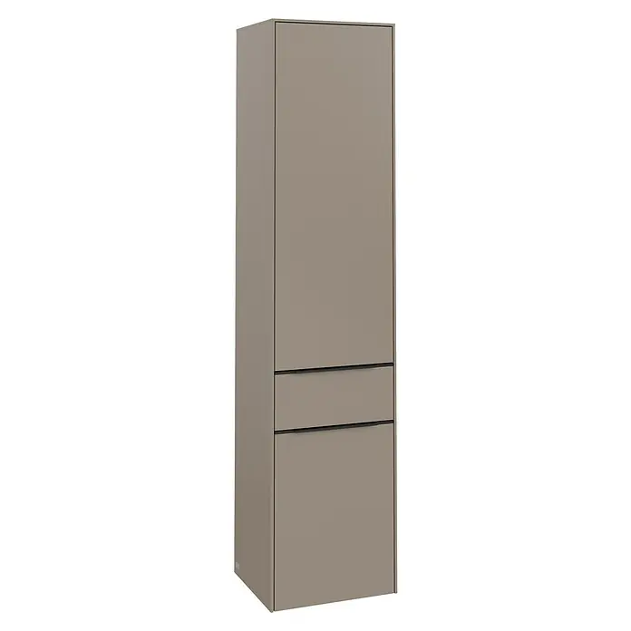 Villeroy & Boch Subway 3.0 Hochschrank - B x T x H: 40 x 36,2 x 171 cm, 1x Schublade, 2x Tür, Taupe, Farbe Griff: Volcano black, DIN Anschlag: Rechts - Elegantes, modernes Sideboard in sanftem Grau mit minimalistischen schwarzen Akzenten. Die perfekte Ergänzung für ein stilvolles Zuhause.