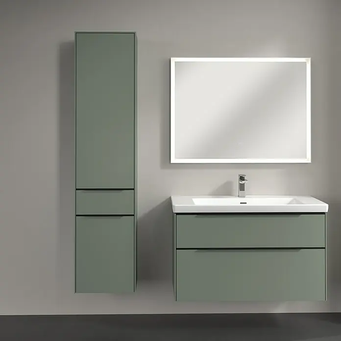 Villeroy & Boch Subway 3.0 Hochschrank - B x T x H: 40 x 36,2 x 171 cm, 1x Schublade, 2x Tür, Soft Green, Farbe Griff: Volcano black, DIN Anschlag: Links - Modernes Badezimmer-Set in Grün mit Waschtischunterschrank und Spiegelschrank. Stilvolles Design für Ihr Bad.
