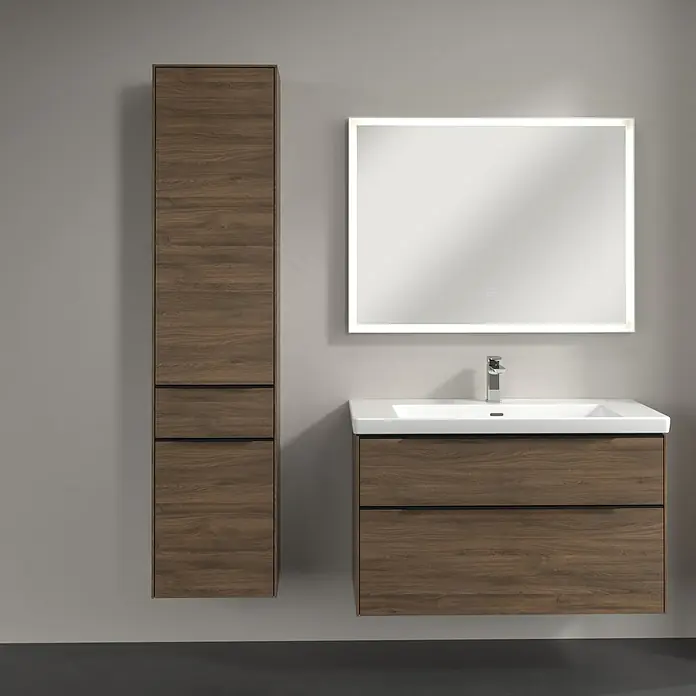 Villeroy & Boch Subway 3.0 Hochschrank - B x T x H: 40 x 36,2 x 171 cm, 1x Schublade, 2x Tür, Arizona Oak, Farbe Griff: Volcano black, DIN Anschlag: Links - Modernes Badezimmer-Set mit Waschtischunterschrank, Waschbecken und Spiegelschrank mit LED-Beleuchtung. Passender Hochschrank für zusätzlichen Stauraum.