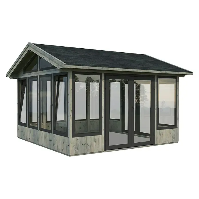 Palmako Gartenhaus Isabella - Außenmaß inkl. Dachüberstand (B x T): 465 x 465 cm, Tauchgrundiertes Holz, Grau - Abbildung eines modernen Gartenhauses mit großen Fenstern und grauem Dach, das zum Entspannen im Freien einlädt.