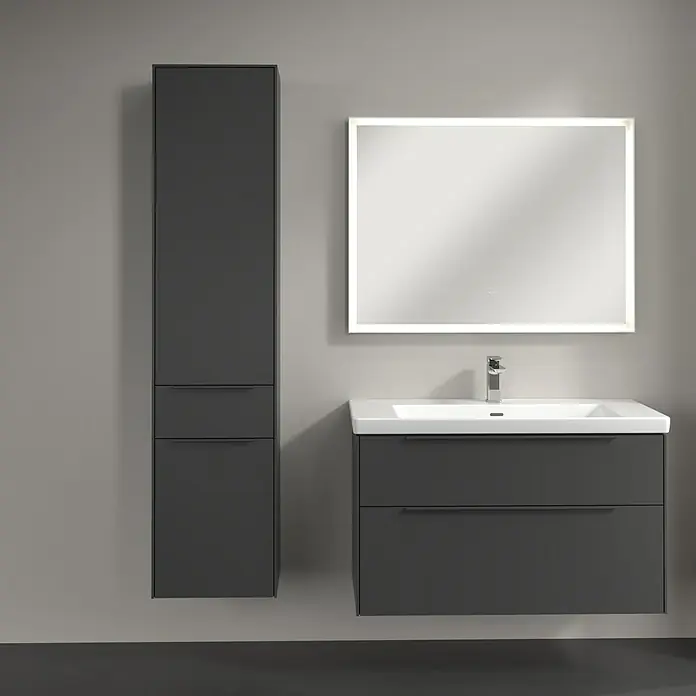 Villeroy & Boch Subway 3.0 Hochschrank - B x T x H: 40 x 36,2 x 171 cm, 1x Schublade, 2x Tür, Graphite, Farbe Griff: Graphite, DIN Anschlag: Links - Schickes Badezimmer-Set in Grau mit Waschtisch, Spiegel und Hochschrank für ein modernes Ambiente.