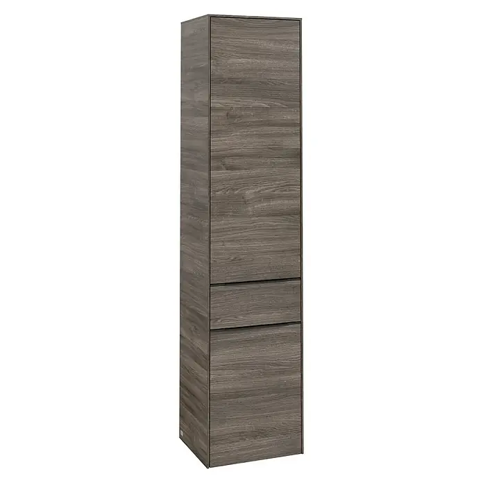 Villeroy & Boch Subway 3.0 Hochschrank - B x T x H: 40 x 36,2 x 171 cm, 1x Schublade, 2x Tür, Stone Oak, Farbe Griff: Volcano black, DIN Anschlag: Rechts - Grauer Holzschrank mit zwei Schubladen zur Aufbewahrung verschiedener Gegenstände im Haushalt.